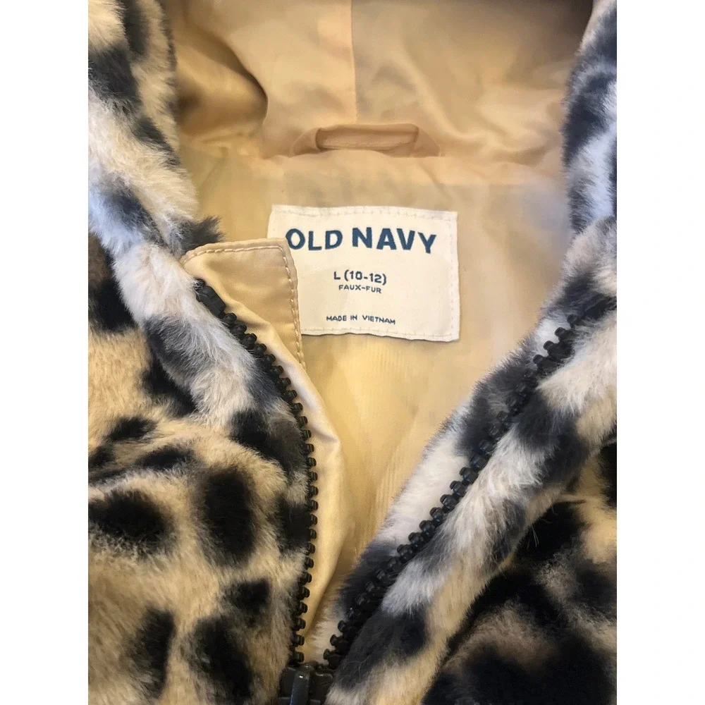 Old Navy Girls Leopard Faux Fur Hooded Jacket Size L 10 12 Winter Warm